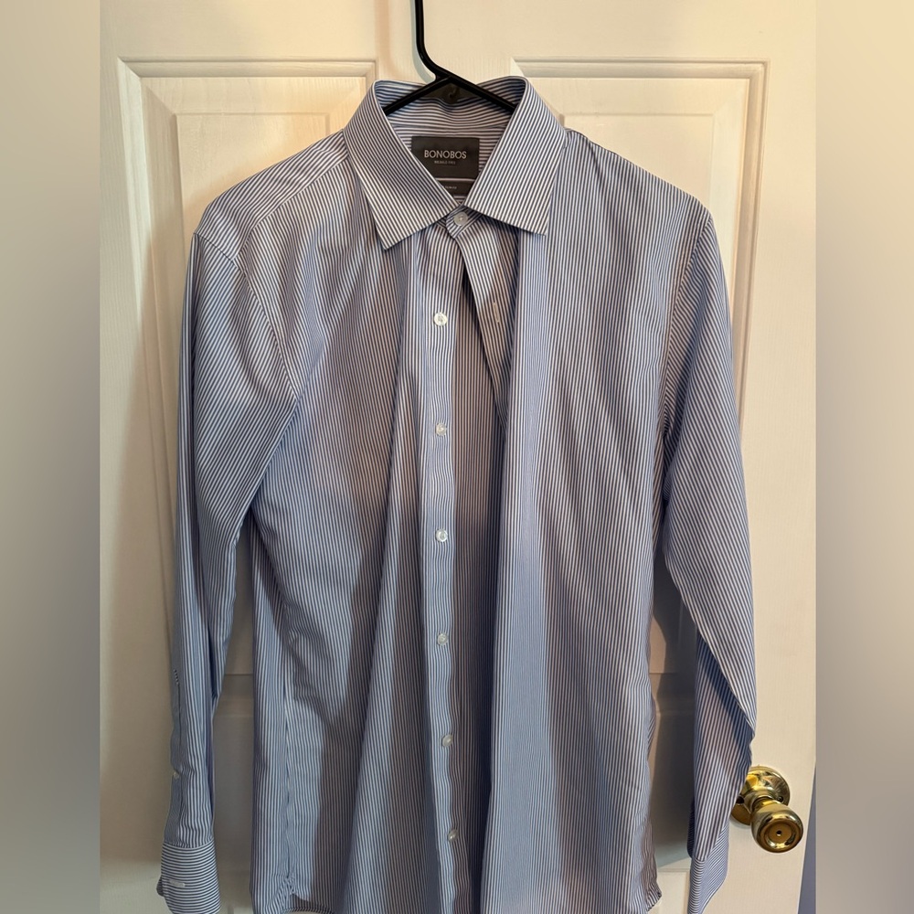Bonobos Blue Striped Dress Shirt in Tailored Fit 15 1/2 33